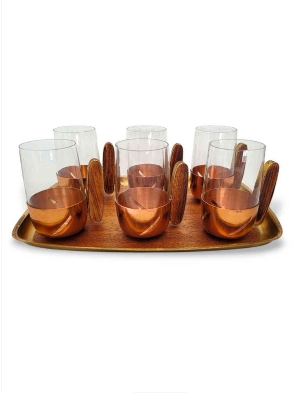 Vintage 1970s German Copper Teak Glass Set (6 pcs + Tray)